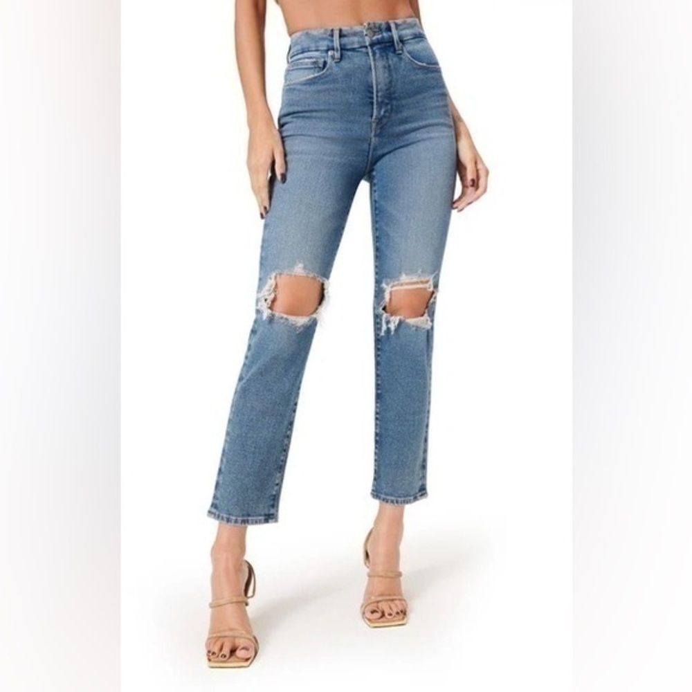 NWT Good American Good Vintage Flare Distressed Jeans Blue 800 Size 27